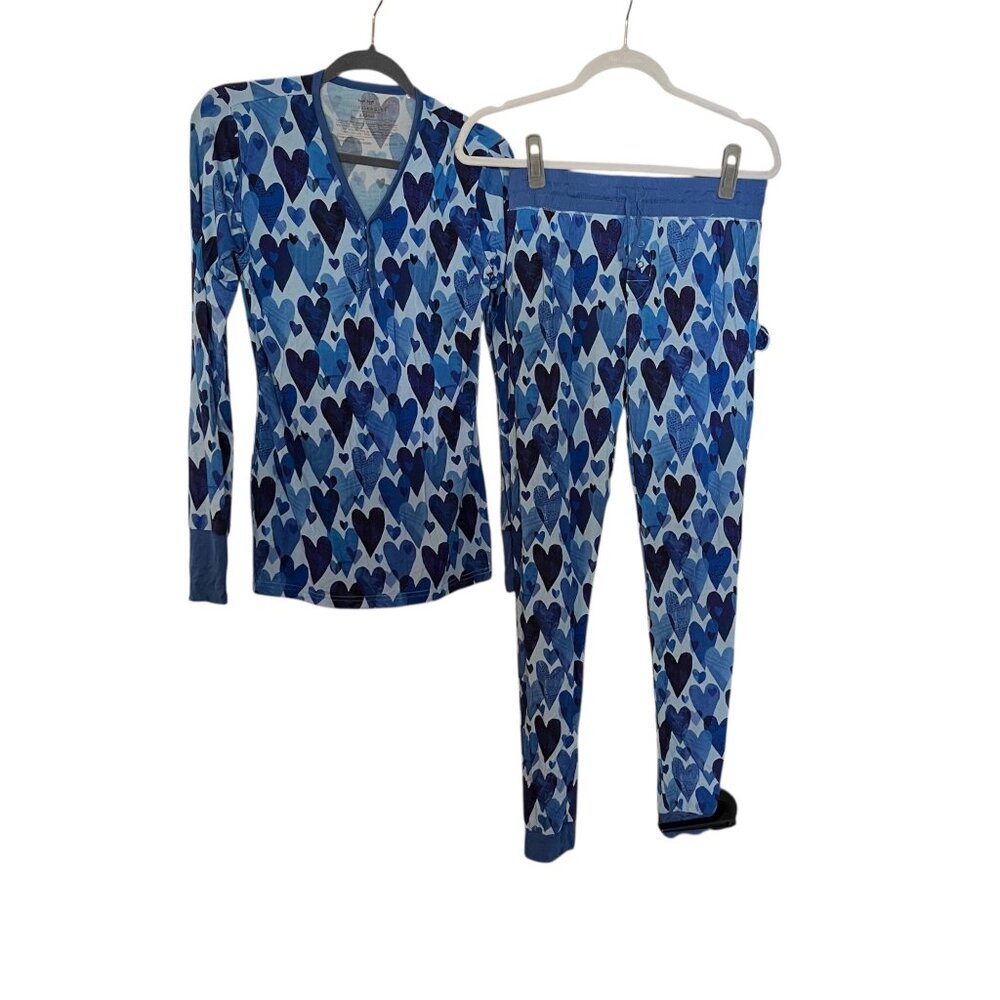 Little Sleepies Blue Hearts & Crafts Print Womens Pajama Set Size Medium Bamboo